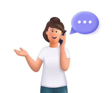 Genç bayan Jane telefonla konuşuyor, telefonla arıyor. Akıllı telefon konseptiyle iletişim ve sohbet. 3d vektör insanlar karakter çizimi.