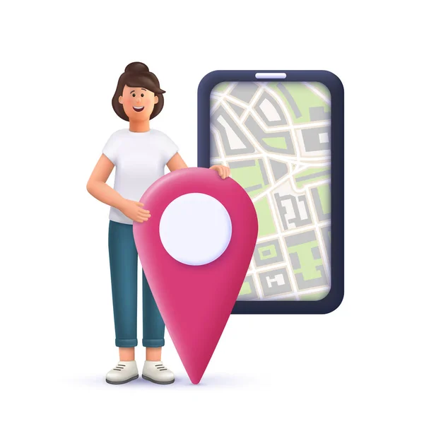 若い女性ジェーンスマートフォンでオンライン都市地図上の場所をマーキング ナビゲーション ビジネスコンセプト 3Dベクトルの人々のキャラクターイラスト — ストックベクタ