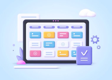 Kanban yönetim kurulu kavramı, çevik proje yönetimi kavramı, çalışma takvimi organizasyonu, zaman planlama ve iş akışı 3D gerçekçi vektör illüstrasyonu.