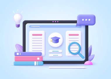 E-öğrenim kavramı, evde online eğitim. 3d gerçekçi vektör illüstrasyonu.