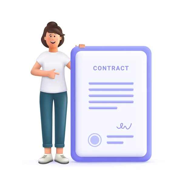 Young Woman Jane Smiling Pointing Large Signed Contract Vector People — Stock Vector
