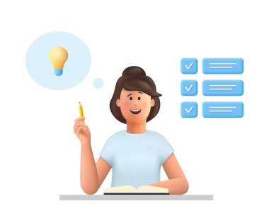 Genç bayan Jane masa başında oturuyor, düşünüyor, iş üzerinde çalışıyor. Görev, fikir konsepti. 3d vektör insanlar karakter çizimi.