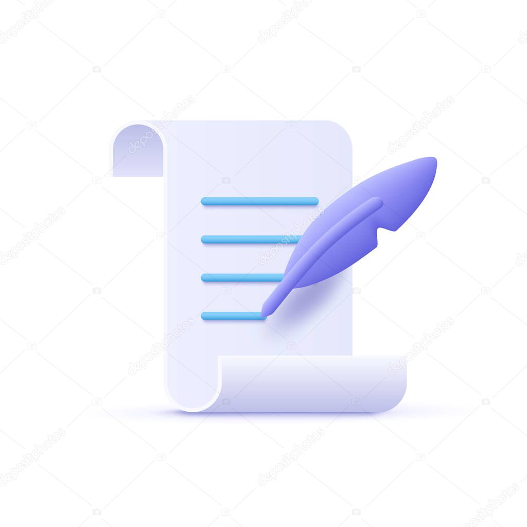 Copywriting, writing icon. Document and feather pen. Creative writing and storytelling, education concept. Writing education concept. 3d vector illustration. 