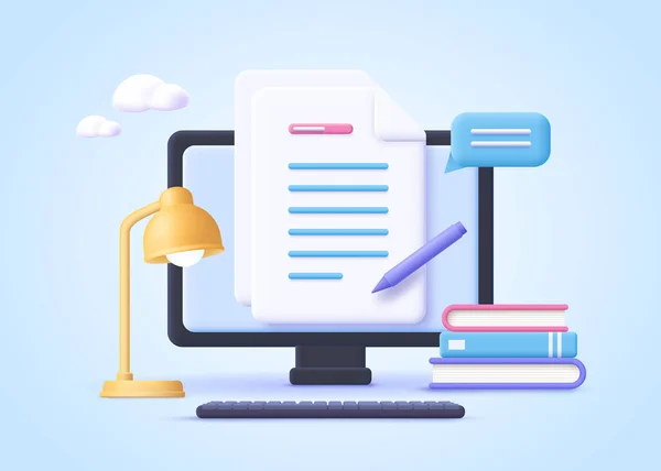 Ev ödevi. E-öğrenim kavramı, çevrimiçi eğitim, evde eğitim, internet kursları, dersler. 3d gerçekçi vektör illüstrasyonu.
