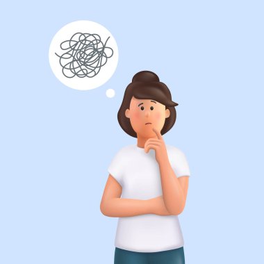 Karışık düşünceleri olan genç kadın Jane. İş sorunları çözme konsepti, online iletişim sorunu ve soru çözümü. 3d vektör insanlar karakter çizimi.