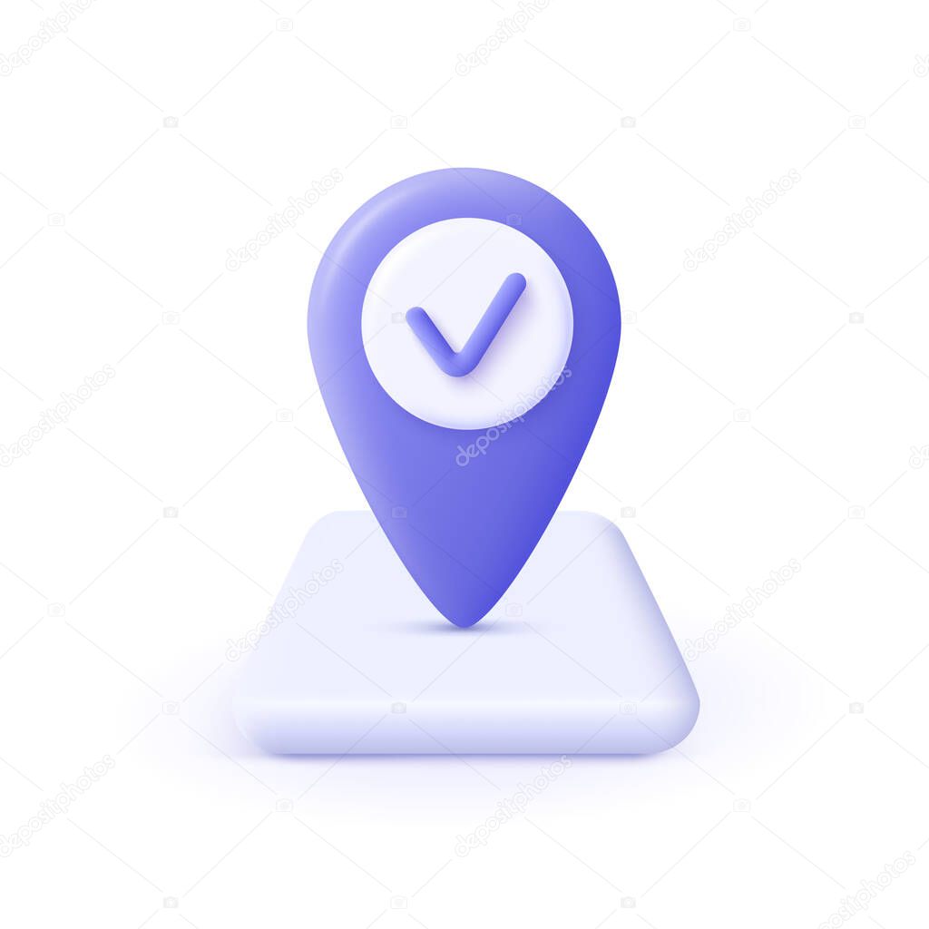 Checkmark icon. Approvement concept. Geolocation map mark, point location. 3d realistic vector illustration. 