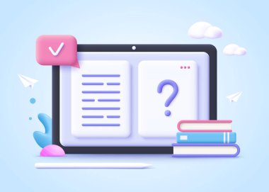 Online eğitim kavramı. Kitap sayfaları ve soru işaretleri, öğrenme kaynakları, çalışma kursu, sınav hazırlığı, inceleme bilgisi, kısa özet, deneme yazısı. 3d gerçekçi vektör illüstrasyonu.