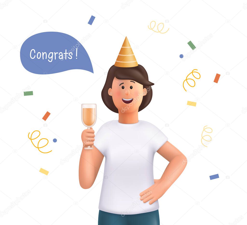 Young woman Jane celebrating holiday with colorful confetti and champagne. ongratulations and having fun. 3d vector people character illustration.
