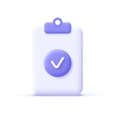 İşaret simgesini işaretle. Onaylama konsepti. Belge, dosya, pano, kontrol listesi. 3d gerçekçi vektör illüstrasyonu.