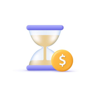 İş vektör simgesi. Finansal yatırım fonu, gelir artışı, gelir artışı, bütçe planı kavramı. Dolar işaretli kum saati ve para. 3d karikatür vektör çizimi. 