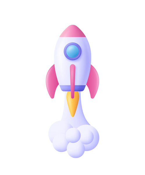 3d cartoon style minimal spaceship rocket icon. Toy rocket upswing ,spewing smoke. Startup, space, business concept. 