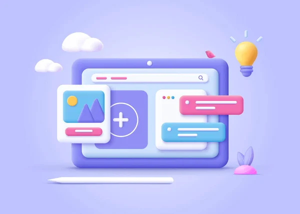 Web tasarımı kavramı, web sitesi geliştirme, web sitesi sayfası, bilgisayar grafik tasarımı, kullanıcı arayüzü. Web sitesi ve mobil uygulama afişleri. 3d web asgari biçim vektör çizimi.