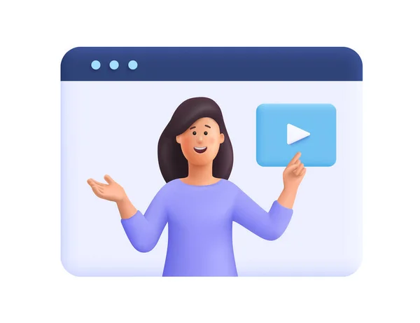 Genç kadın Ann, Webinar, çevrimiçi konferans, online öğrenme, konferanslar ve internet eğitimi. 3d vektör insanlar karakter çizimi.