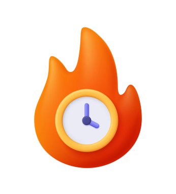 İçinde sarı saat olan turuncu alev. Son teslim tarihi, baskı, aciliyet, hızlı dağıtım, yakma süresi, verimlilik ve sınırlı teklif kavramı. 3d vektör simgesi. Çizgi film biçimi.