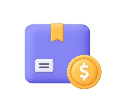 Altın paralı mor paket kutusu. Finans, lojistik, dijital iş, e-ticaret, online alışveriş, teslimat ödemesi ve paket maliyet kavramı. 3d vektör simgesi. Çizgi film biçimi.