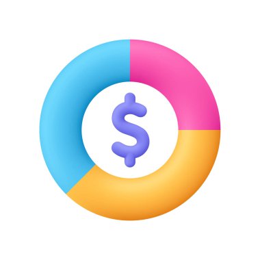 Ortasında mor dolar işareti olan turta şeması. Finans ve iş analizi, bütçe ve yatırım konsepti. 3d vektör simgesi. Çizgi film biçimi.