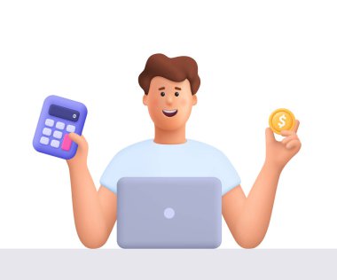 Genç gülümseyen adam James elinde hesap makinesi ve dolar para tutarak dizüstü bilgisayarda çalışıyor. İş, finans, muhasebe, vergi ve bütçe planlama konsepti. 3d vektör insan karakteri. Çizgi film biçimi.