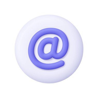 Purple at or e-mail symbol on white circle button. Communication, social media, digital identity, online messaging, contact information and networking concept. 3d vector icon. Cartoon minimal style.