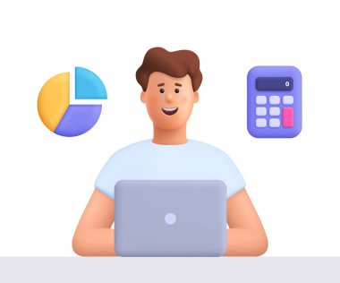 Young smiling man James working on laptop with calculator and diagram pie chart. Business, finance, accounting, tax and budget concept. 3d vector people character. Cartoon minimal style.