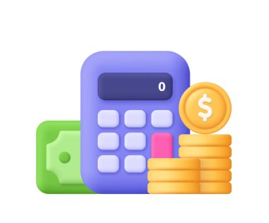 Purple calculator with golden coin stack and green dollar banknote. Banking, business, investment, financial planning, savings and money management concept. 3d vector icon. Cartoon minimal style.