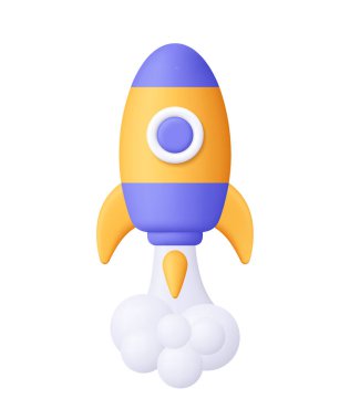 Purple and yellow rocket spaceship launching with smoke clouds. Startup, innovation, space, success, growth, business launch and technology. 3d vector icon. Cartoon minimal style.