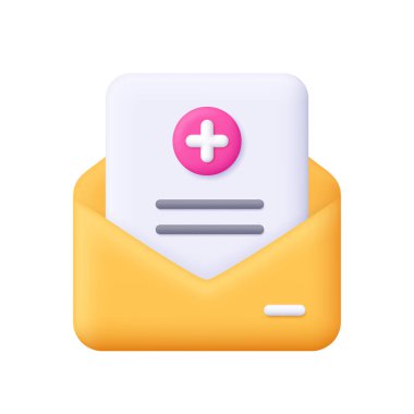Yellow envelope and document with pink medical plus sign. Hospital notification, medical report, medical email, health message and digital communication concept. 3d vector icon. Cartoon minimal style.