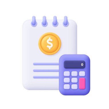 Notebook or document file with calculator and coin. Financial report, accounting, income and tax concept. 3d vector icon. Cartoon minimal style.