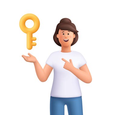 Young smiling woman Jane holding and pointing at golden key. Business, access, success and security concept. Security, safety, protection concept. 3d vector people character. Cartoon minimal style.