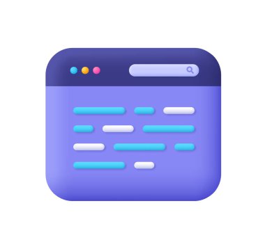 Purple web browser window with code lines. Technology, web development, programming, coding and software concept. 3d vector icon. Cartoon minimal style.