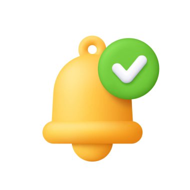 Yellow notification bell with check mark on green circle button. Social media, alert confirmation, successful notification and approval reminder concept. 3d vector icon. Cartoon minimal style.