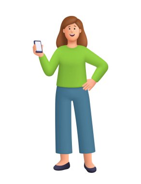 Young smiling woman Kate holding and showing smartphone display. Mobile app, communication, social media and digital lifestyle concept. 3d vector people character. Cartoon minimal style.