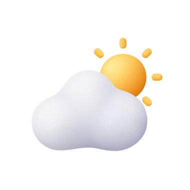 Beyaz bulut ve sarı güneş. Bulutlu ya da güneşli hava, hava durumu uygulaması, hava durumu ve iklim konsepti. 3d vektör simgesi. Çizgi film biçimi.