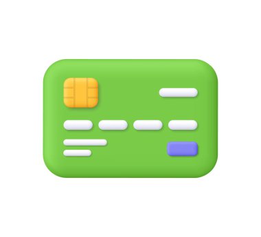 Yeşil kredi kartı ve çip. Bağlantısız online ödemeler, bankacılık, finans, işlemler ve online alışveriş konsepti 3D vektör simgesi. Çizgi film biçimi.