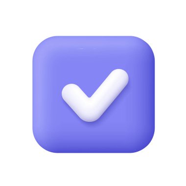 Mor kare düğmesinde beyaz işaret var. Tamamdır, evet ya da doğru işaret. Onay, başarı ve onay konsepti. 3d vektör simgesi. Çizgi film biçimi.