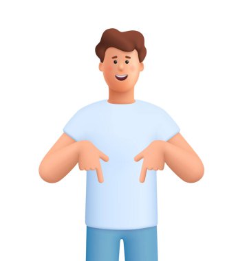 Genç gülümseyen adam James parmaklarını aşağıya doğru gösteriyor. Terfi, pazarlama, sosyal medya ve eylem konseptine çağrı. 3d vektör insan karakteri. Çizgi film biçimi.