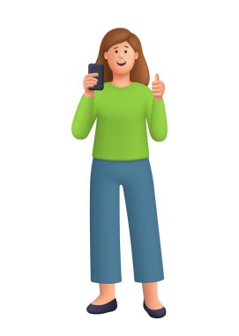 Genç gülümseyen Kate akıllı telefon tutuyor ve işaret işareti yapıyor. İletişim, başarı ve sosyal medya kavramı. 3d vektör insan karakteri. Çizgi film biçimi.