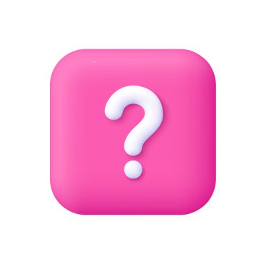 Pembe kare düğmedeki beyaz soru işareti. SSS, destek, yardım ve soruşturma konsepti. 3d vektör simgesi. Çizgi film biçimi.