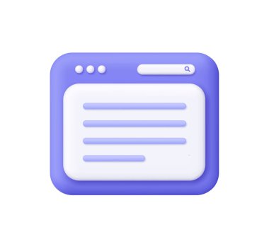 Metin satırları ve arama çubuğu olan web tarayıcı penceresi. Kullanıcı arayüzü, çevrimiçi içerik, internet arama ve web geliştirme kavramı. 3d vektör simgesi. Çizgi film biçimi.