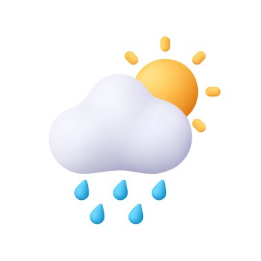 Mavi yağmur damlaları ve sarı güneşi olan beyaz bulut. Yağmur, iklim, hava, meteoroloji ve hava tahminleri. 3d vektör simgesi. Çizgi film biçimi.