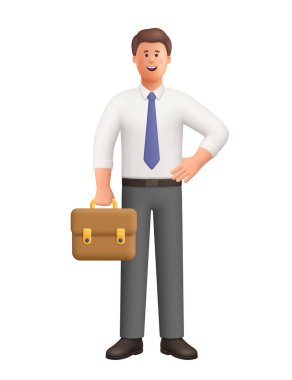 Gülümseyen genç işadamı Ted, elinde kalça ve elinde evrak çantasıyla ayakta duruyor. İş, ofis işleri, yönetim ve kariyer başarısı konsepti. 3d vektör insan karakteri. Çizgi film biçimi.