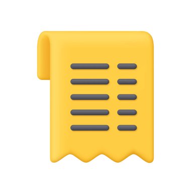 Sarı para makbuzu, fatura çeki ya da siyah metin satırlı fatura. Finans, bankacılık, ödeme işlemi, muhasebe, alışveriş ve iş konsepti. 3d vektör simgesi. Çizgi film biçimi.