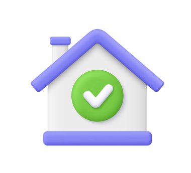Mor çatılı ve yeşil işaretli beyaz ev. Gayrimenkul, mortgage onayı, onaylanmış mülk, güvenli konut ve başarılı ev satın alma konsepti. 3d vektör simgesi. Çizgi film biçimi.