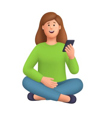 Genç gülümseyen kadın Kate bacak bacak üstüne atmış ve elinde akıllı telefon tutuyordu. İletişim, mobil teknoloji, dijital yaşam tarzı ve sosyal medya kavramı. 3d vektör insan karakteri. Çizgi film biçimi.