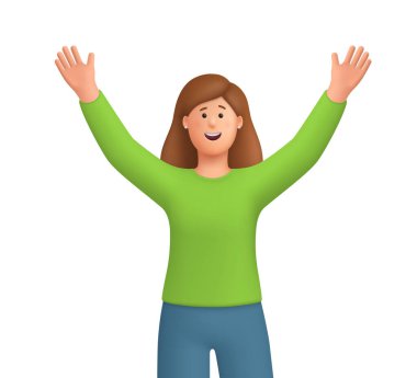 Genç, gülümseyen kadın Kate elini kaldırdı. Kutlama, hedef başarısı, motivasyon, zafer ve kazanma konsepti. 3d vektör insan karakteri. Çizgi film biçimi.