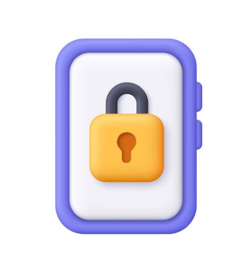 Purple smartphone with white screen and yellow padlock. Data protection, digital safety, security, encryption and privacy concept. 3d vector icon. Cartoon minimal style.