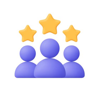 Üç altın yıldızlı üç mor kullanıcı grubu. Derecelendirme, geri bildirim, takım çalışması, kaliteli servis, iş, inceleme ve sosyal medya kavramı. 3d vektör simgesi. Çizgi film biçimi.