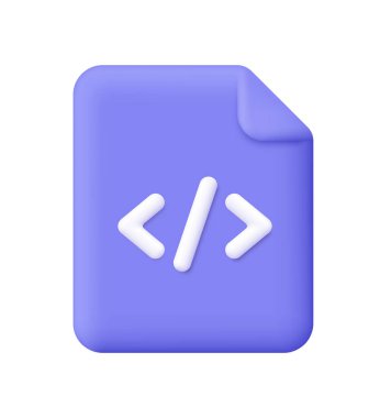 Beyaz kod parantezli mor belge dosyası. Kodlama, programlama, geliştirme belgesi, dijital projeler, yazılım, web geliştirme ve bilişim konsepti. 3d vektör simgesi. Çizgi film biçimi.