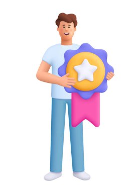 Genç, gülümseyen adam James elinde yıldız ve kurdeleyle büyük bir madalya tutuyor. Liderlik, ödül, başarı, başarı ve kazanma konsepti. 3d vektör insan karakteri. Çizgi film biçimi.