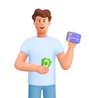 Genç gülen adam James 'in elinde kredi kartı ve nakit para var. Ödeme, finans, bütçe, bankacılık ve alışveriş kavramı. 3d vektör insan karakteri. Çizgi film biçimi.