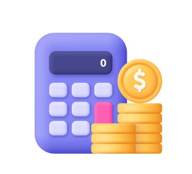 Altın sikke desteli mor hesap makinesi. İş, bankacılık, yatırım, finansal planlama, muhasebe, tasarruf ve para yönetimi kavramı. 3d vektör simgesi. Çizgi film biçimi.